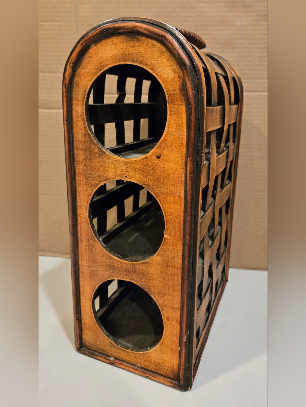 Antique Woven Wooden 3-Bottle Wine Rack Organizer - Brown